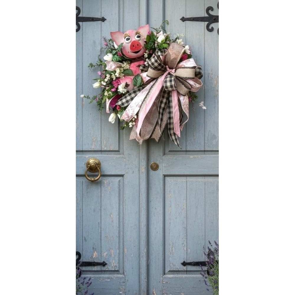 Large Farmhouse Pink Pig Mesh Wreath - Spring Summer Front Door Decor